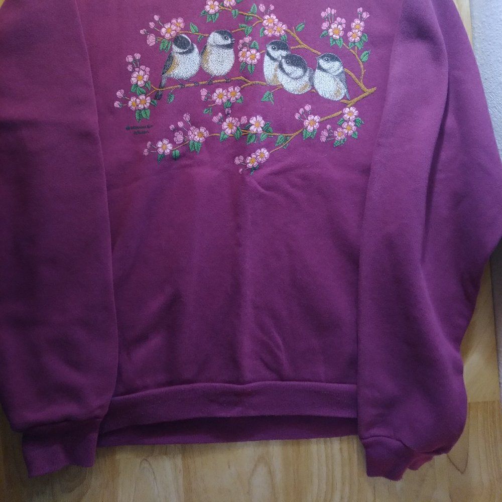 Vintage Morning Sun Chickadee Birds Floral Collared Sweatshirt - Picture 3 of 8